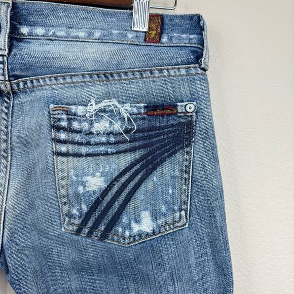 7 For All Mankind DOJO Shorts Long Made  USA Womens 28 Blue Denim Distressed - Picture 12 of 15